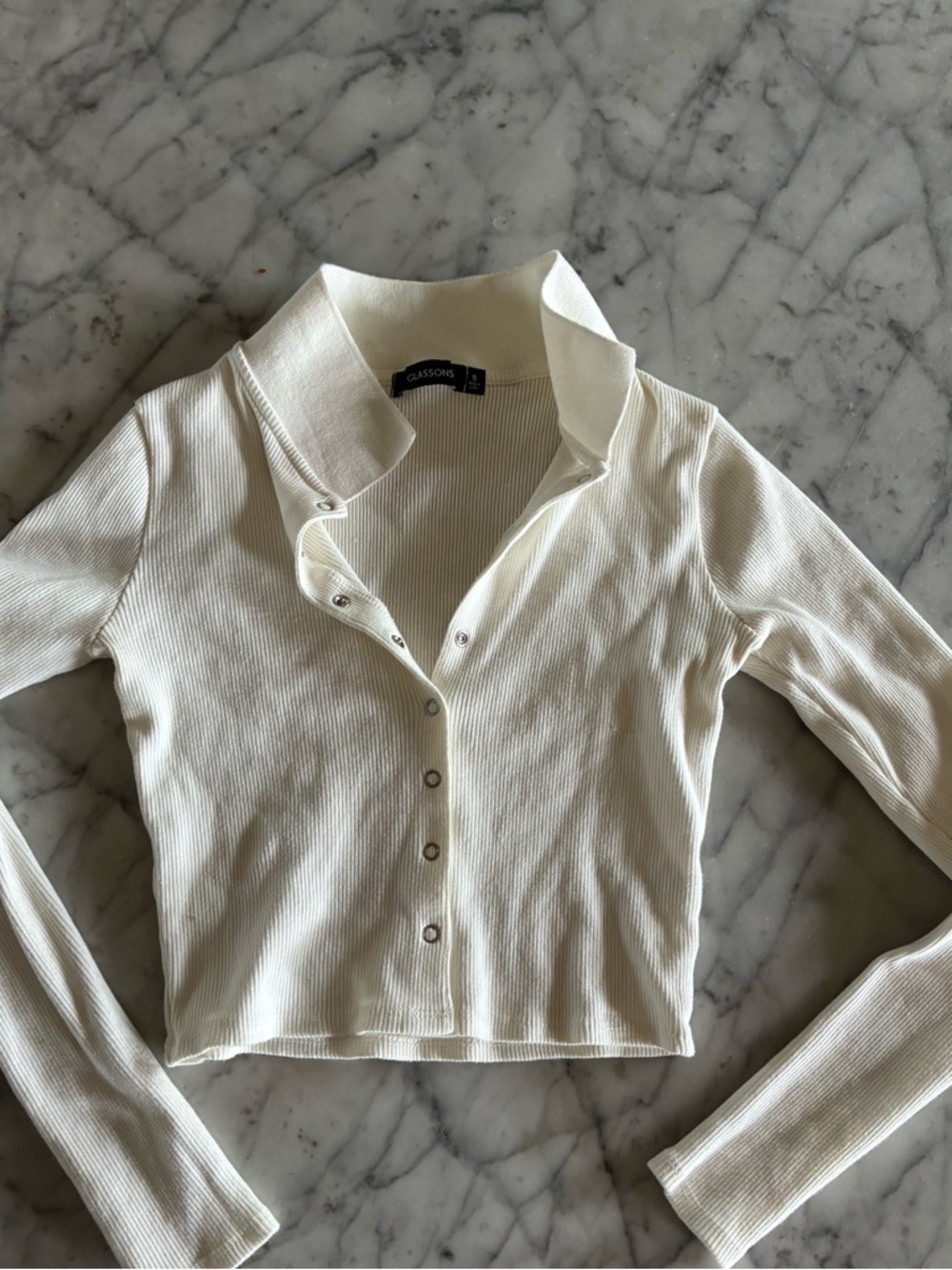 Glassons Ivory Ribbed Snap-Front Long Sleeve Crop Top